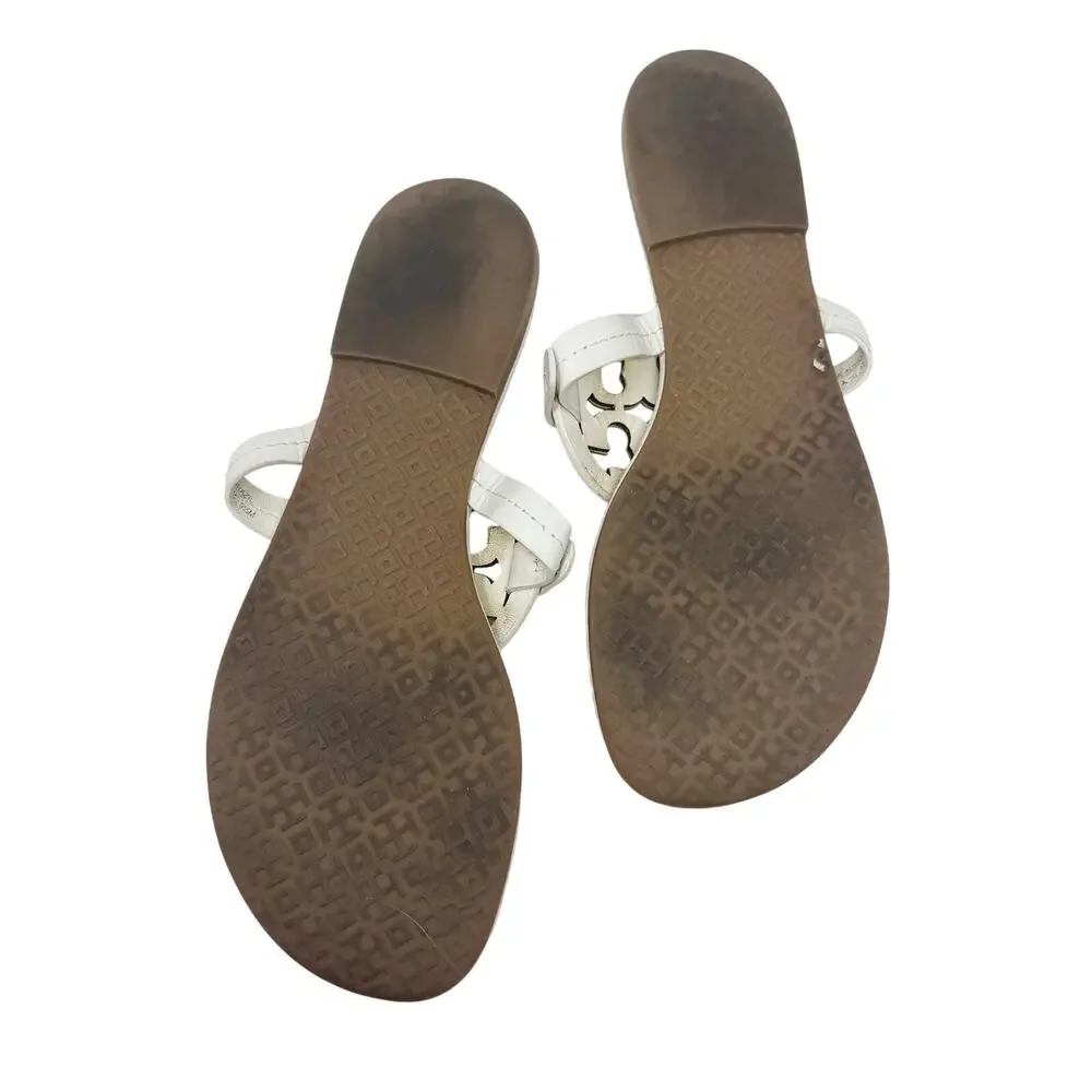 Tory Burch Ivory Benton Thong Slide Sandal Leather Gold Logo Box 9.5